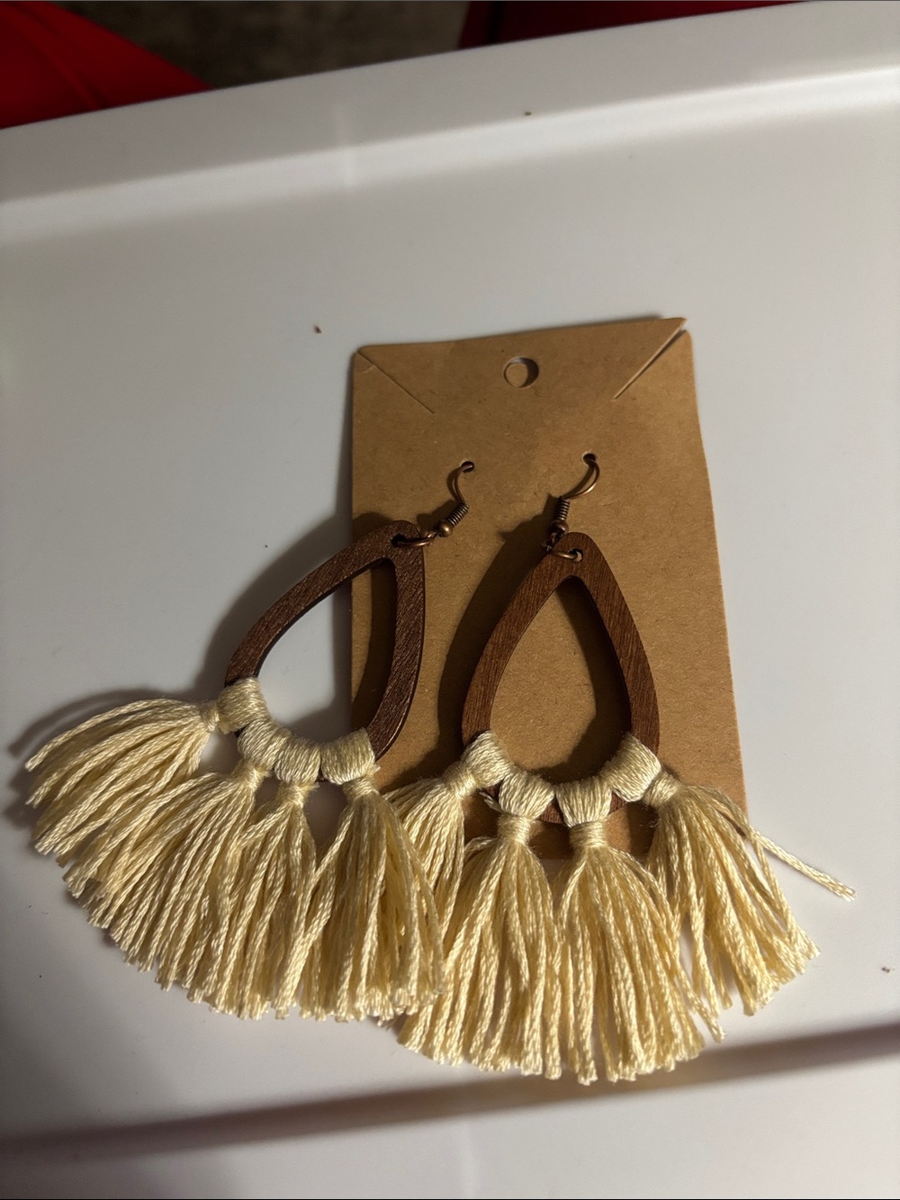 Women’s Cream Fringe Teardrop Earrings with Wooden Accent